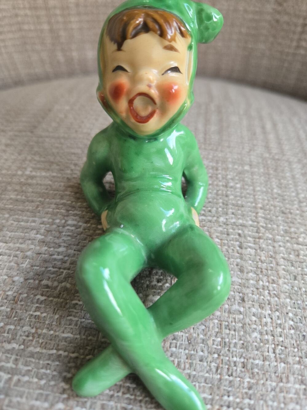 Vintage 1950's Green Ceramic Impish Pixie Elf Figurine Japan 4"